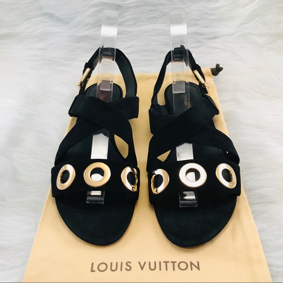 LOUIS VUITTON Golden Hour Suede Flat Sandals Black - Picture 1 of 8